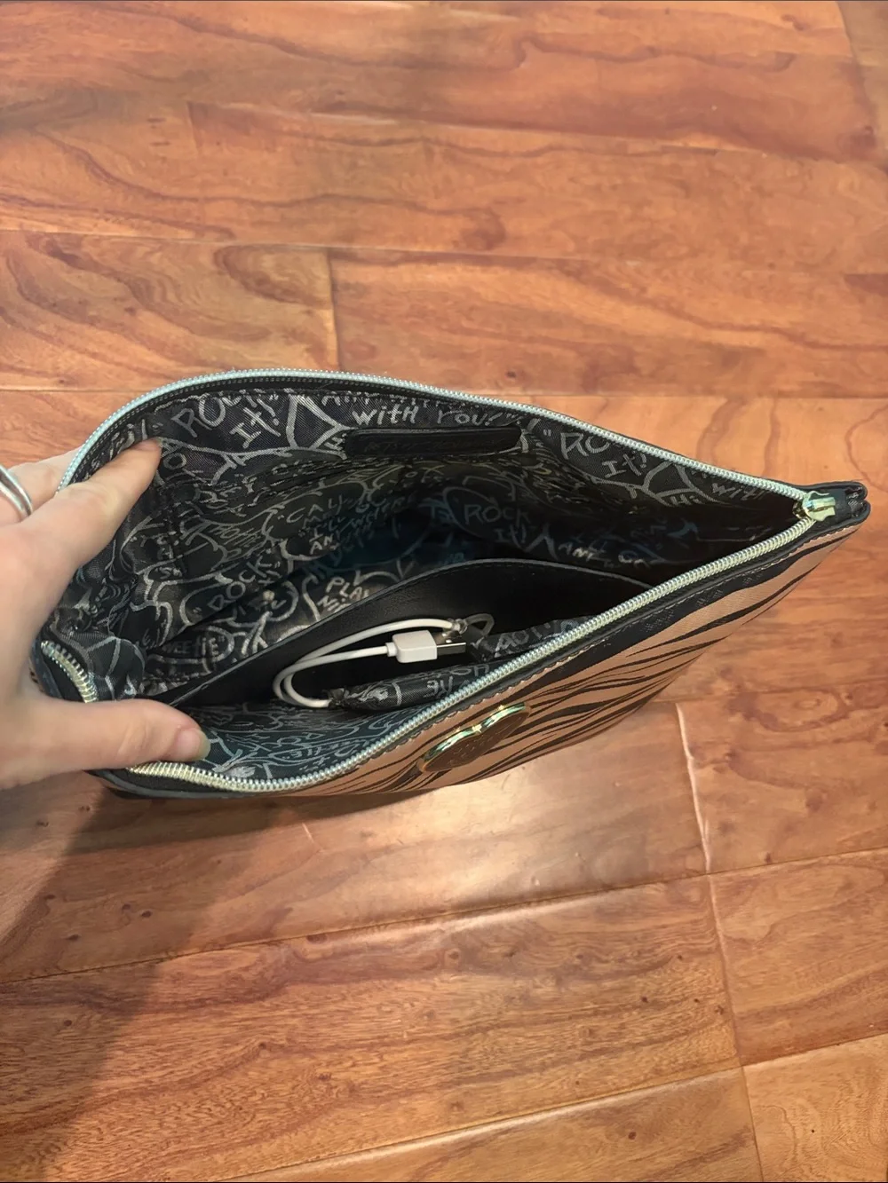 BETSEY JOHNSON Large Charging Wristlet Zebra Print Pouch Bag
